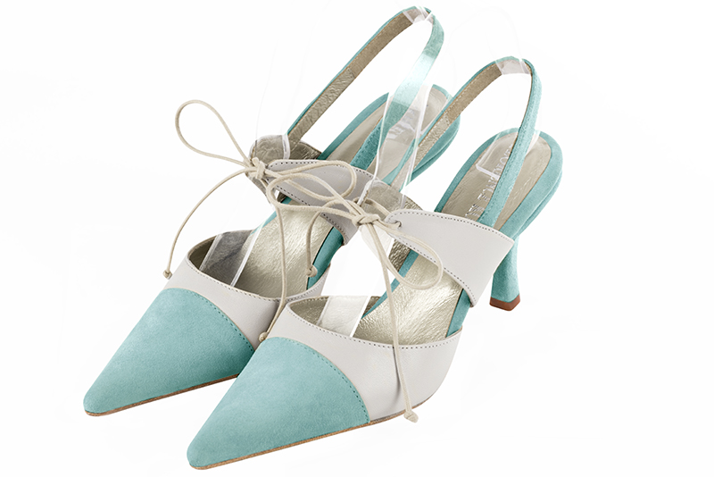 Aquamarine blue and pure white women's open back shoes, with an instep strap. Pointed toe. High slim heel. Front view - Florence KOOIJMAN